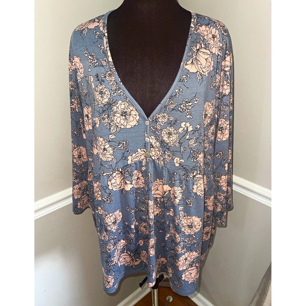 Weekend Suzanne Betro Blue Grey Pink Floral V-Neck Henley Tunic Top 4X Babydoll